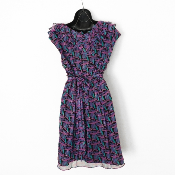 ECI Geometric Print Silk Chiffon Midi Fit & Flare Dress w/Ruffled Neckline, sz 8 - Picture 4 of 6